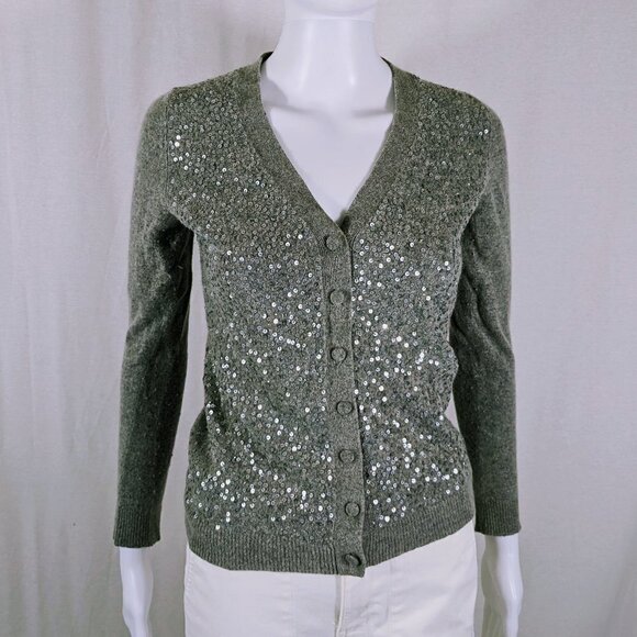 Talbots Sweater Women's Petite Gray Cardigan Wool/Angora Sequin Long Sleeve - Picture 1 of 4
